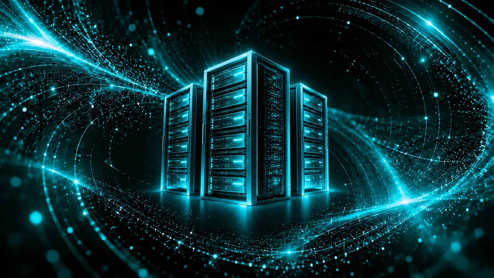 Glowing teal server racks in a vortex of light particles